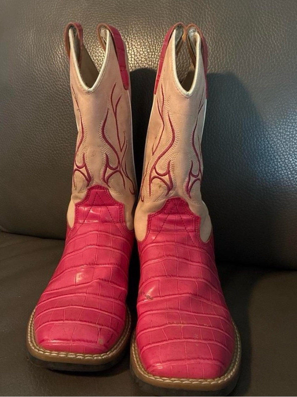 Old West Pink Croc-Effect & Cream Shaft Kids Cowgirl Boots